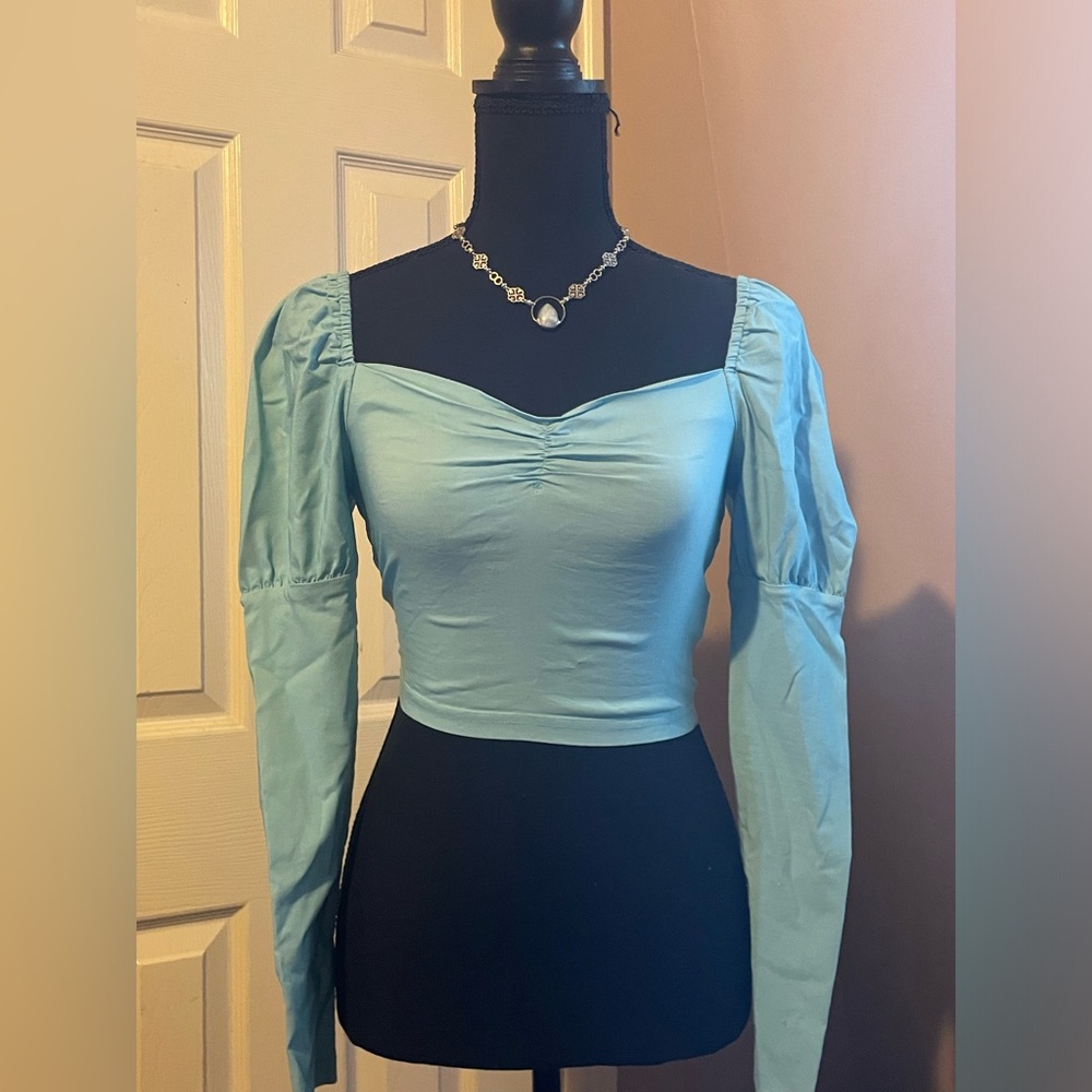 Light Blue Puff Sleeve Square Neck Crop Top